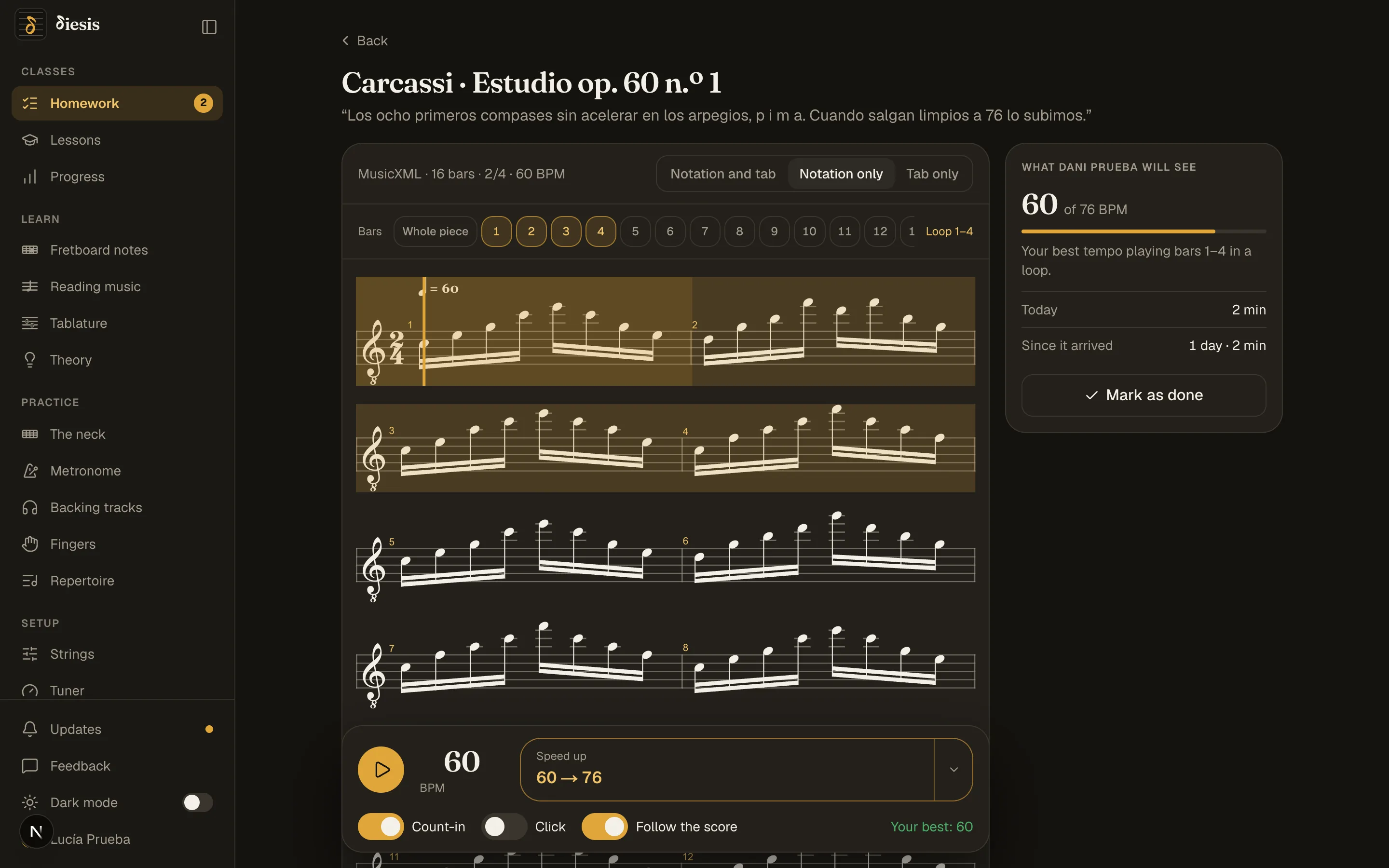 The homework’s score screen: notation only, bars 1 to 4 looping, the tempo with Speed up, and the student’s best