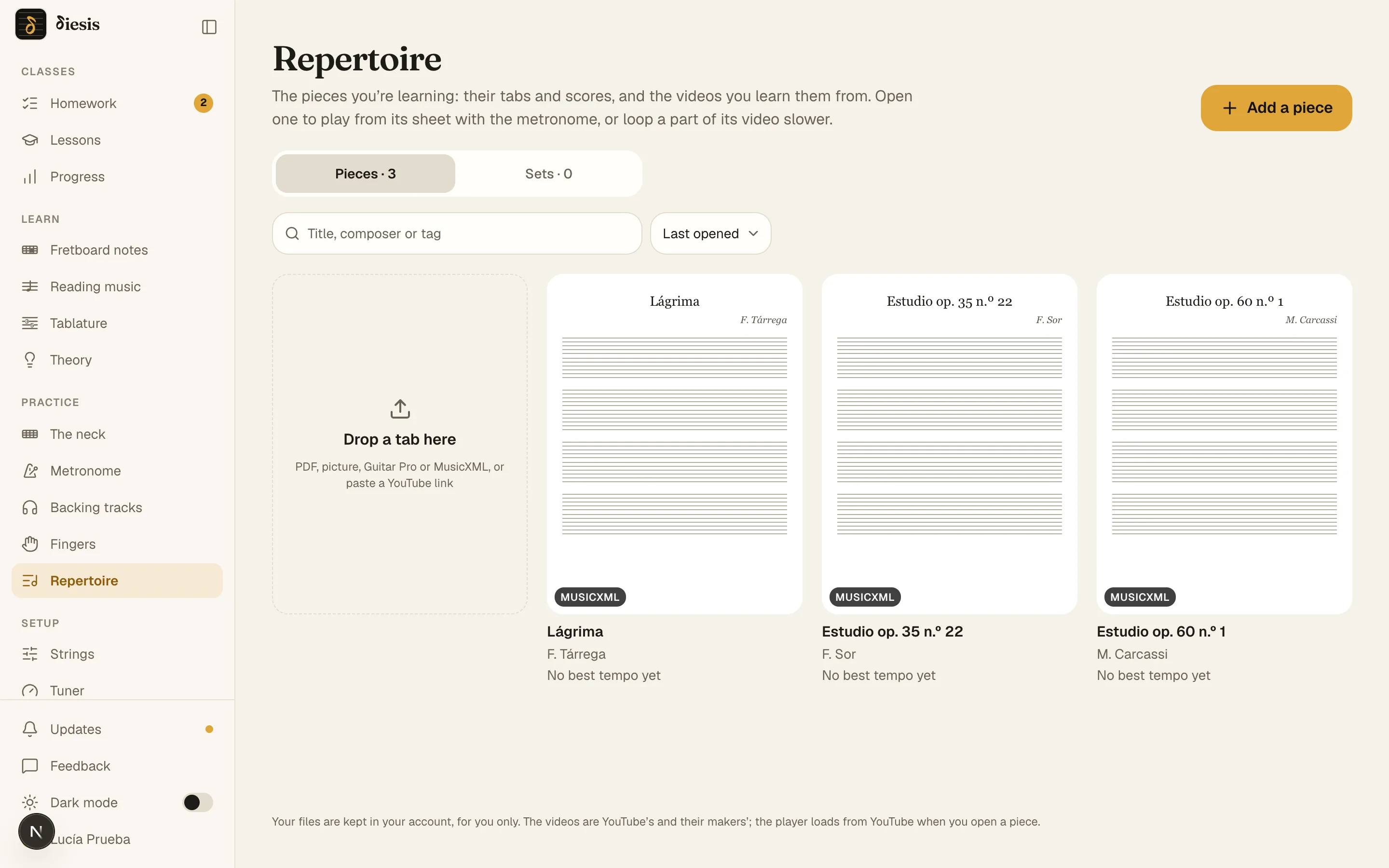 The Repertoire shelf with three scores: Carcassi, Sor and Tárrega