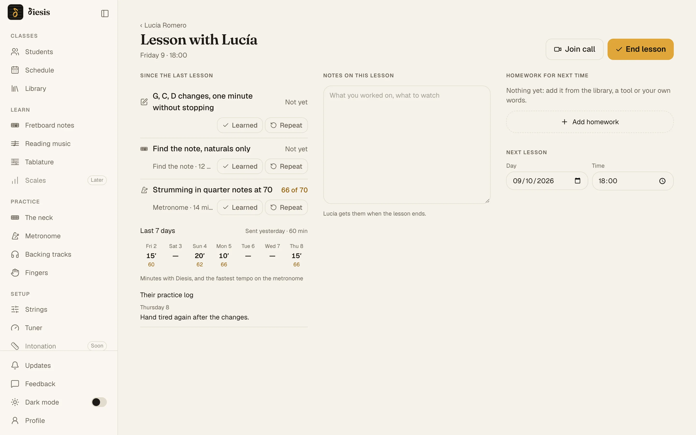 Lesson mode under the call: since the last lesson, notes, homework for next time