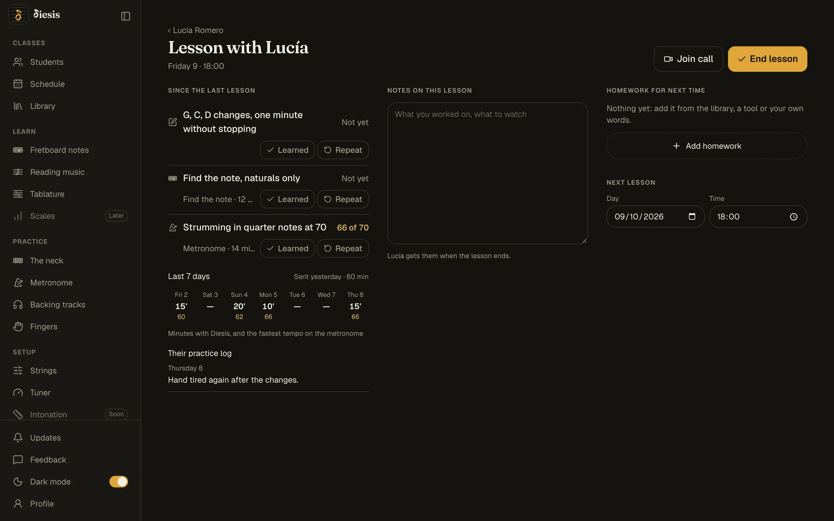 Lesson mode under the call: since the last lesson, notes, homework for next time